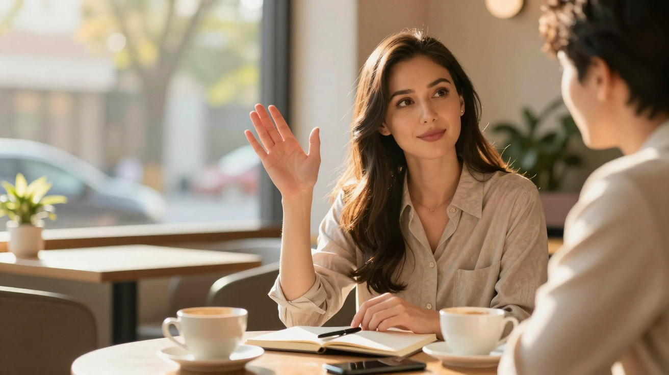 Mulher acenando e conversando com outra pessoa numa café, com cadernos e duas chávenas de café na mesa.