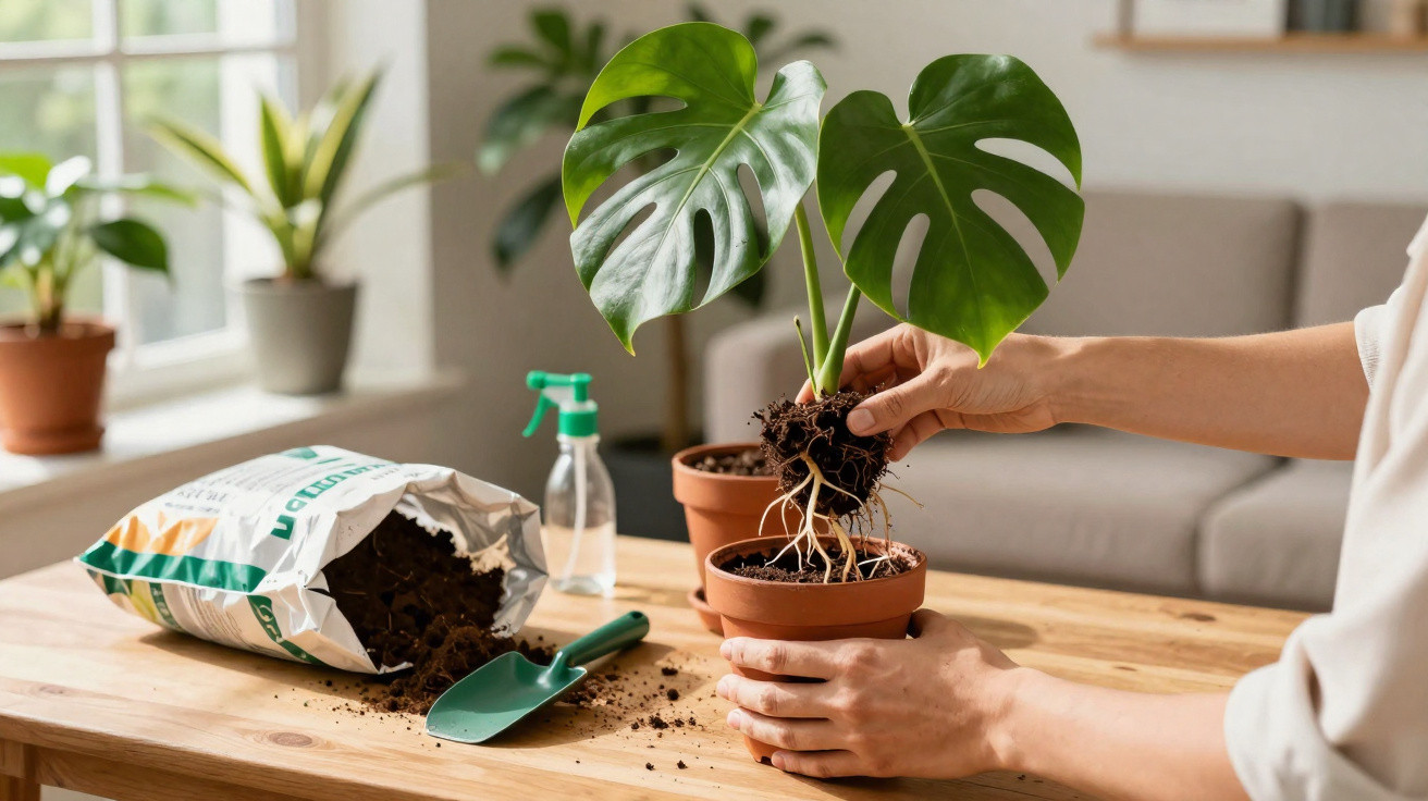 Pessoa a transplantar planta de folhas grandes para vaso de barro numa mesa com terra e utensílios de jardinagem.