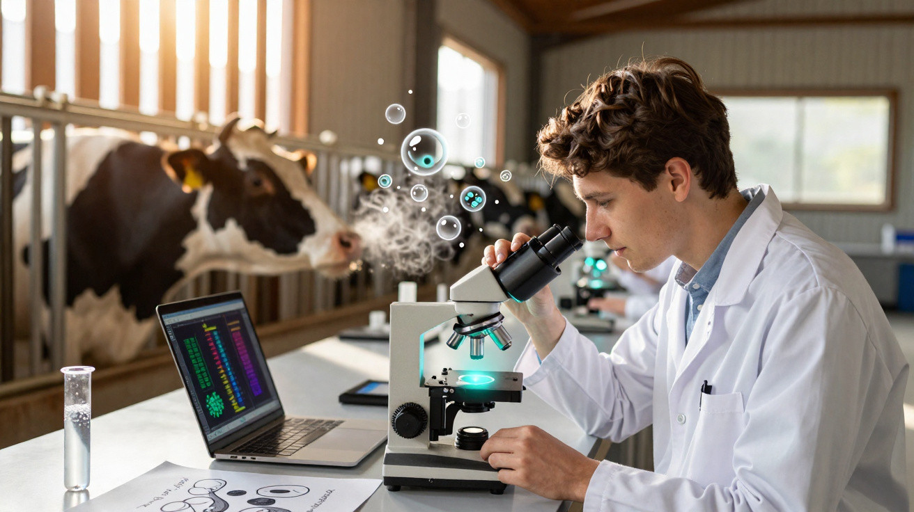 Jovem cientista em laboratório com microscópio, computador e vacas ao fundo numa quinta.