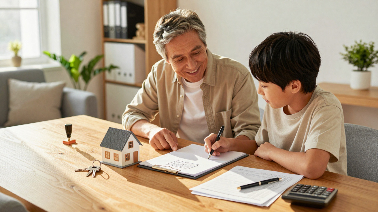 Homem sénior e rapaz desenham projeto de casa juntos numa mesa com calculadora e modelo de casa.