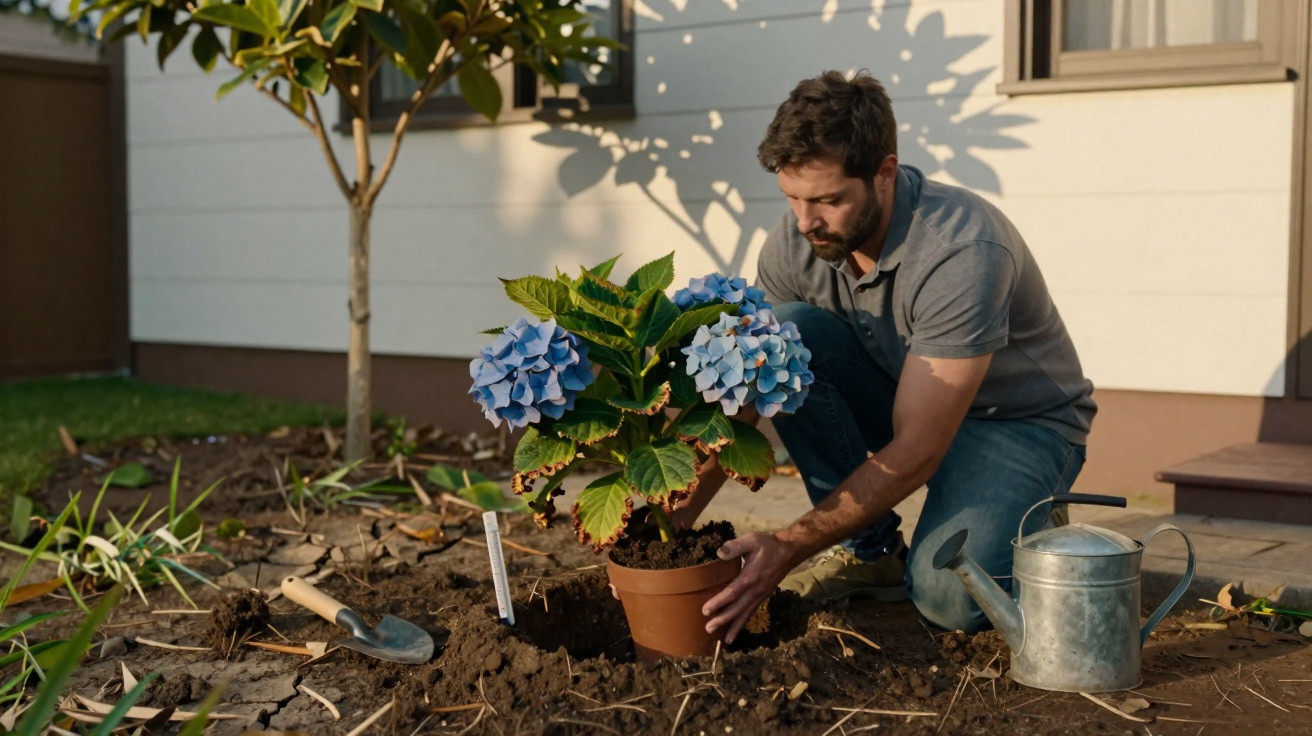 Homem a plantar hortênsia azul em vaso num jardim perto de casa, com regador ao lado.