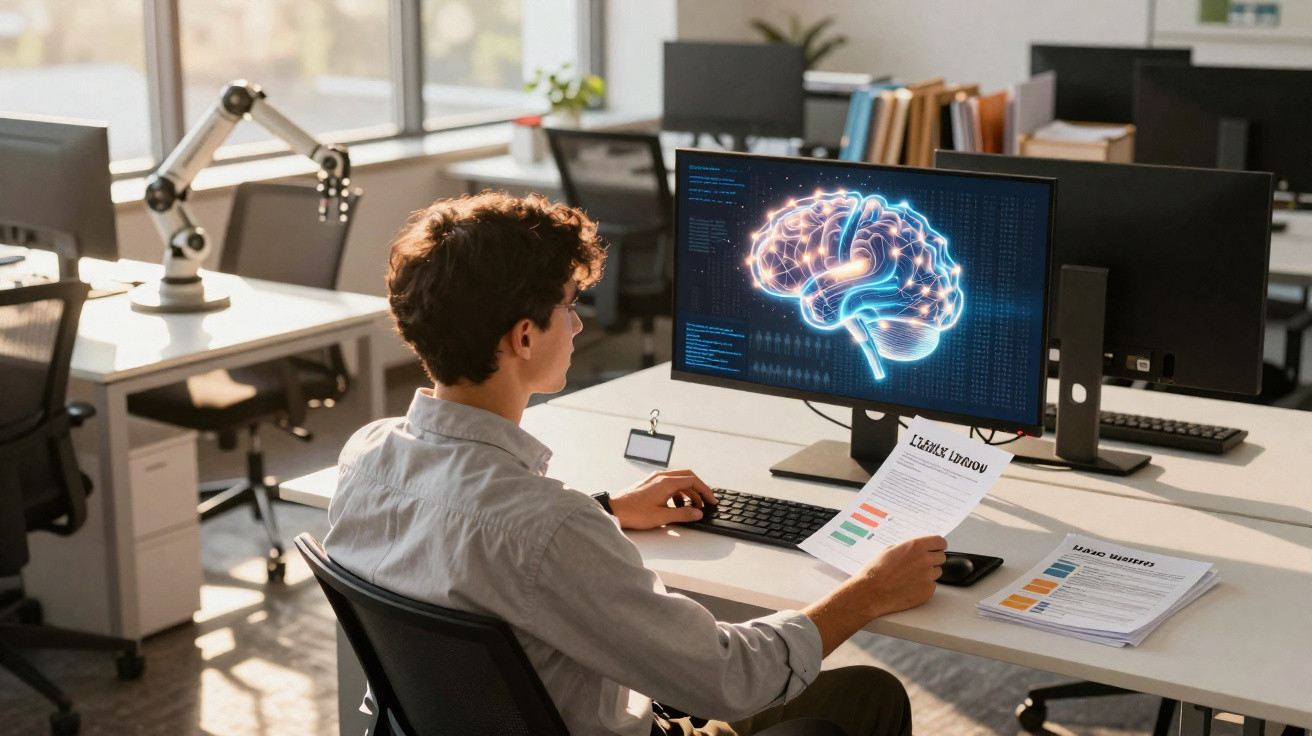 Homem a analisar gráficos de cérebro digital numa secretária de escritório moderno com documentos.
