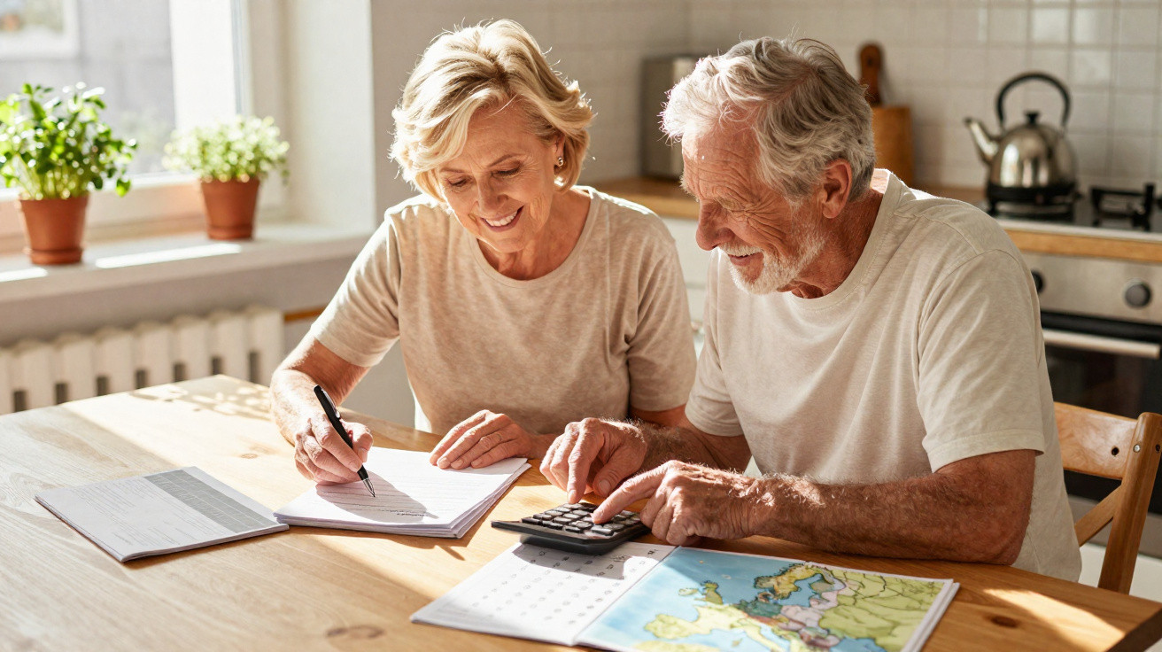 Casal sénior a planear viagem, usando calculadora e escrevendo em caderno, numa cozinha iluminada.