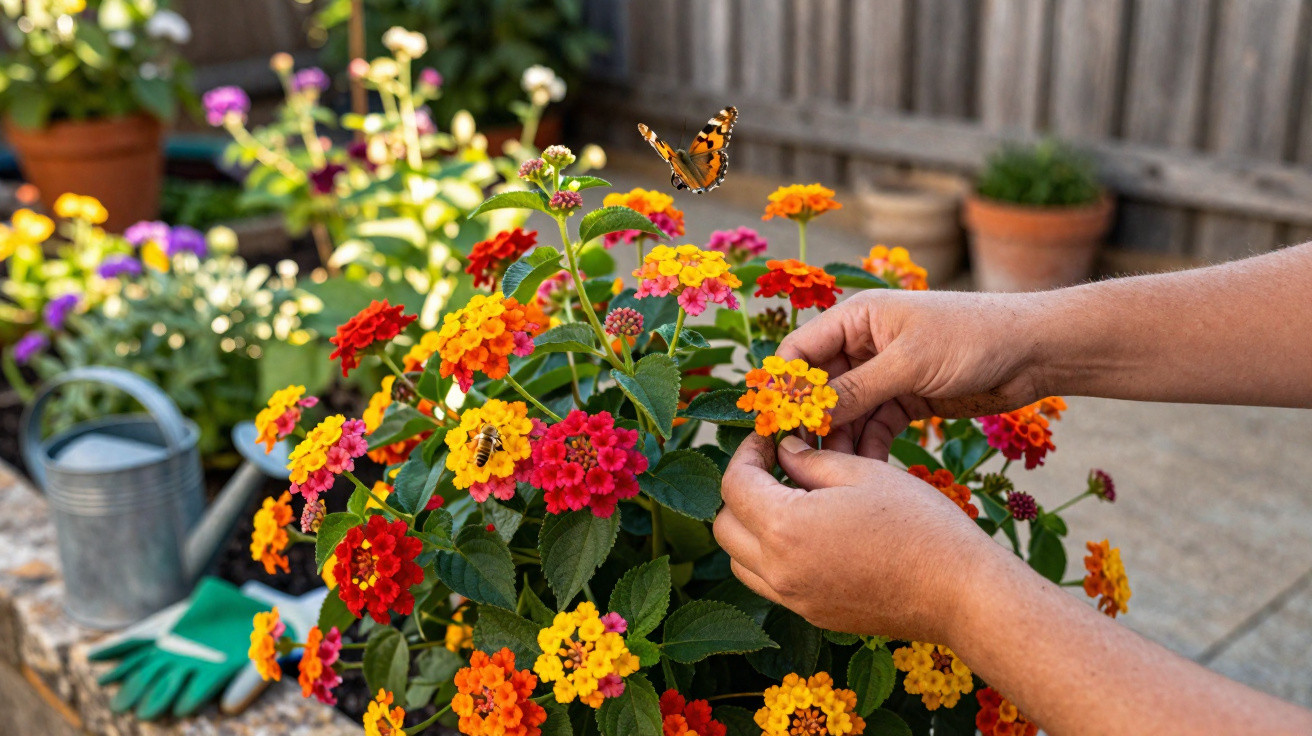 Mãos a cuidar de flores multicoloridas num jardim com borboleta e abelha pousadas.