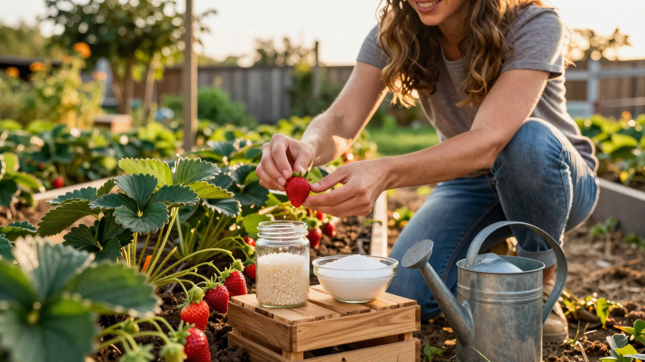 Mulher a colher morango num jardim, com regador e recipientes de açúcar ao lado.