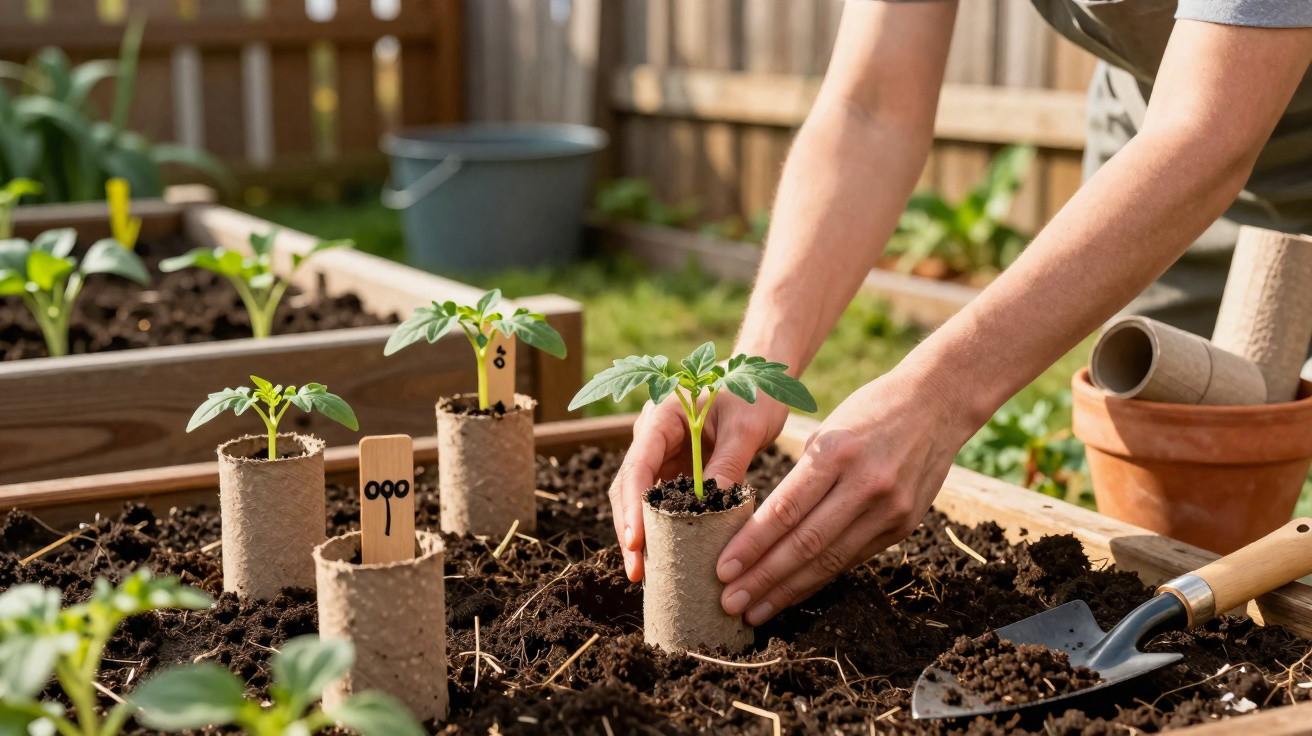 Mãos a transplantar muda de planta em vaso biodegradável num canteiro de jardim com terra fértil.