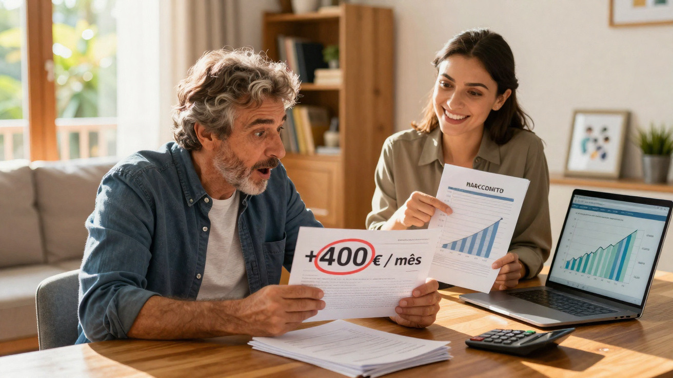 Casal analisa gráficos financeiros e documento com "+400€/mês" numa sala iluminada.