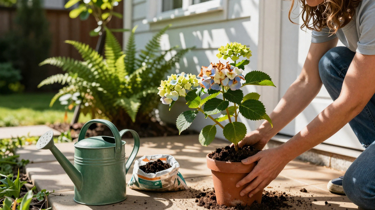 Pessoa a transplantar planta com flores em vaso de barro num jardim perto de casa, com regador verde ao lado.