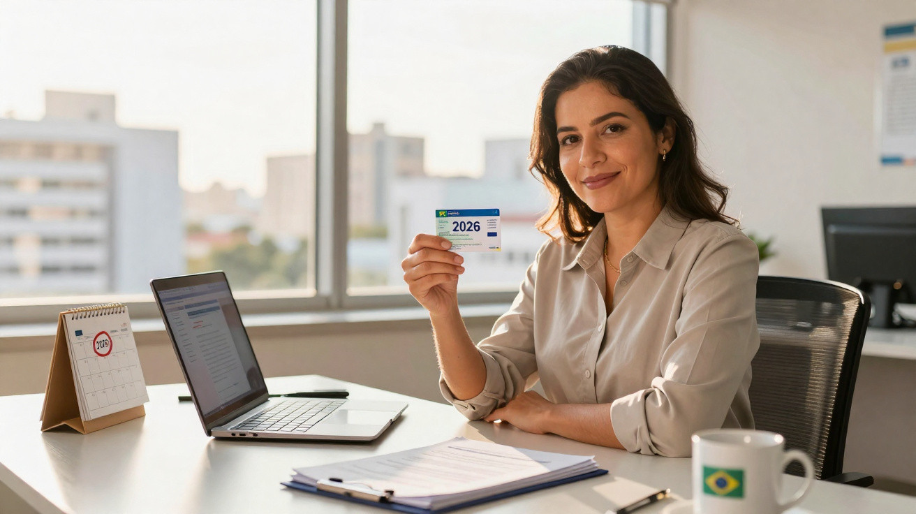 Mulher sorridente sentada numa secretária de escritório a mostrar um cartão com a data 2026.