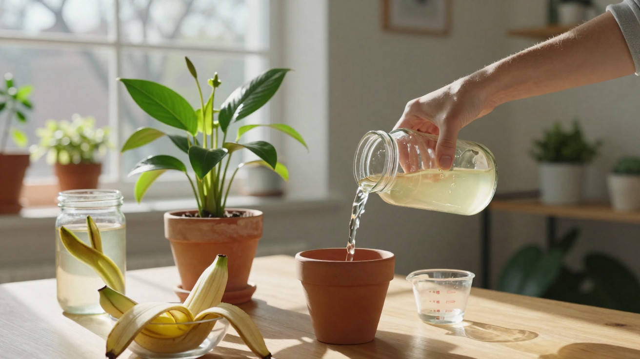 Mão a verter líquido de jarra de vidro para vaso de barro junto a planta, banana e copo numa mesa de madeira.