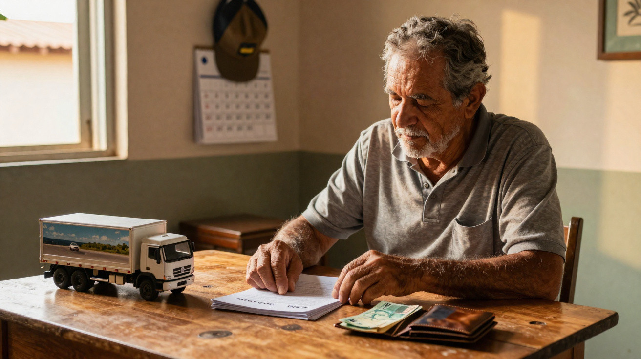 Homem idoso sentado à mesa a escrever, com carteira, dinheiro e miniatura de camião à sua frente.