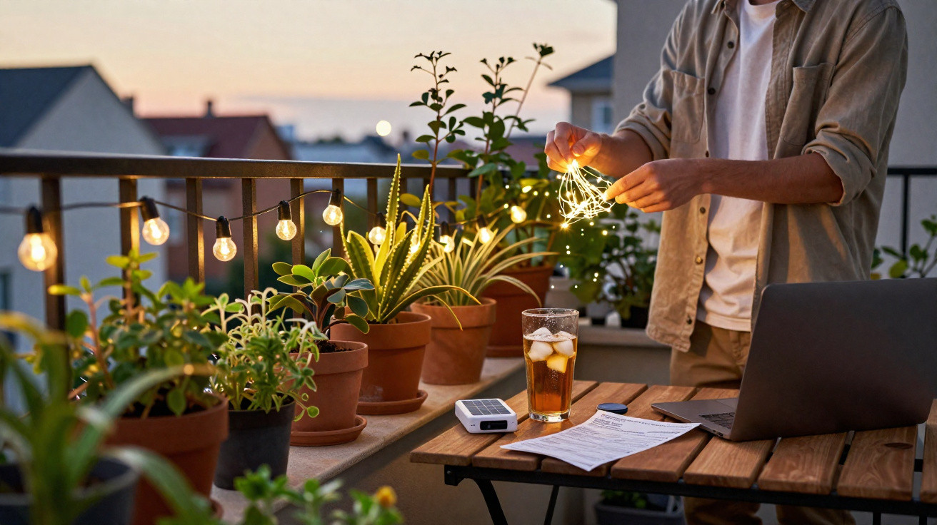 Pessoa a decorar varanda com luzes de festa ao entardecer, rodeada por plantas e mesa com laptop e bebida.