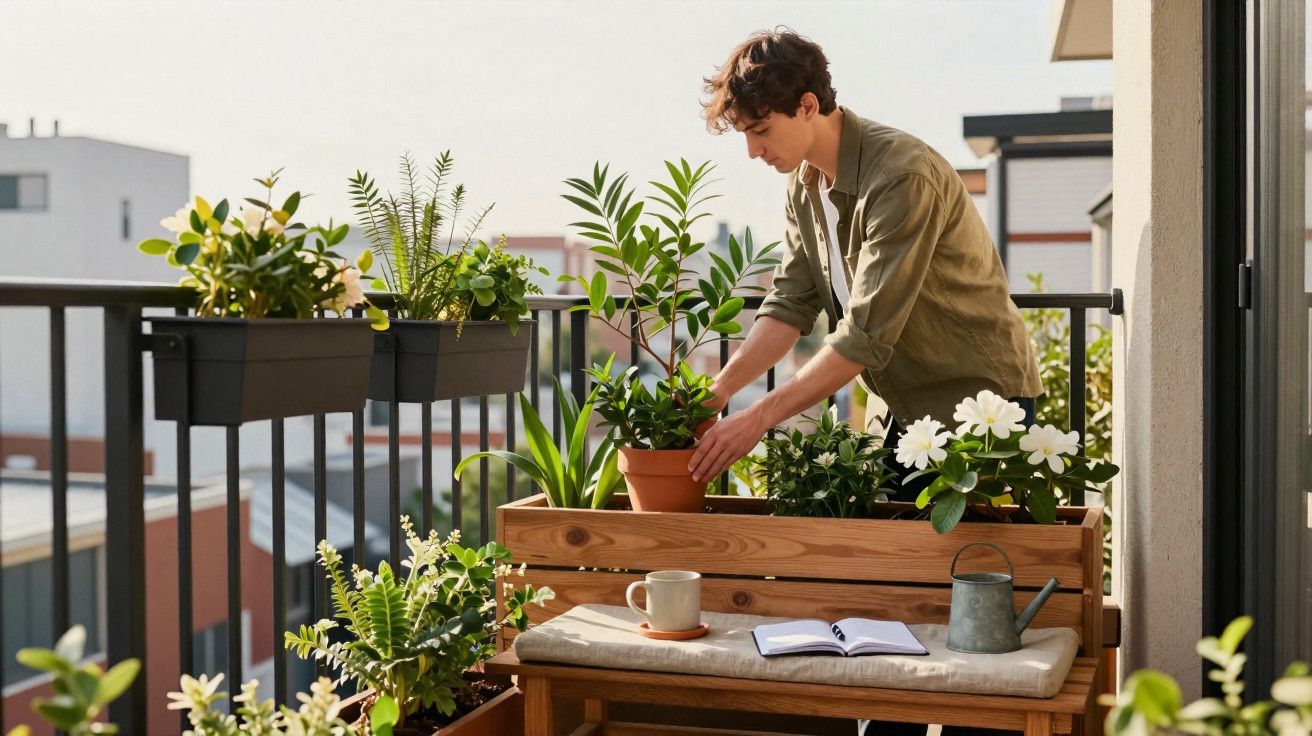 Jovem a tratar das plantas num terraço urbano com vaso, livro e regador numa mesa de madeira.