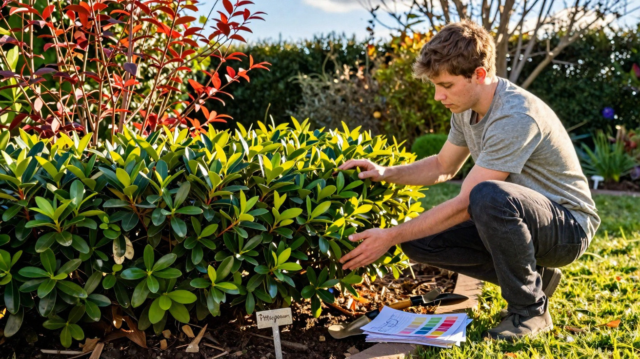 Jovem a cuidar de plantas num jardim, observando e a analisar folhas ao ar livre com material de estudo.