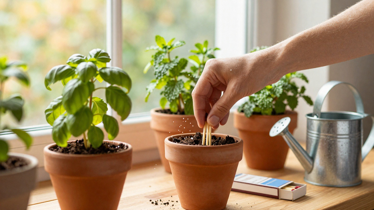 Mão a plantar sementes em vaso de barro numa janela com outras plantas e regador metálico ao lado.