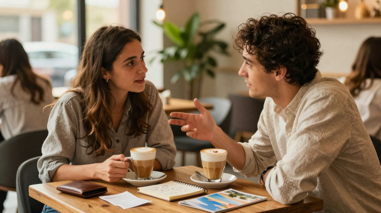 Casal conversa numa mesa de café com bebidas, caderno e tablet em ambiente acolhedor.