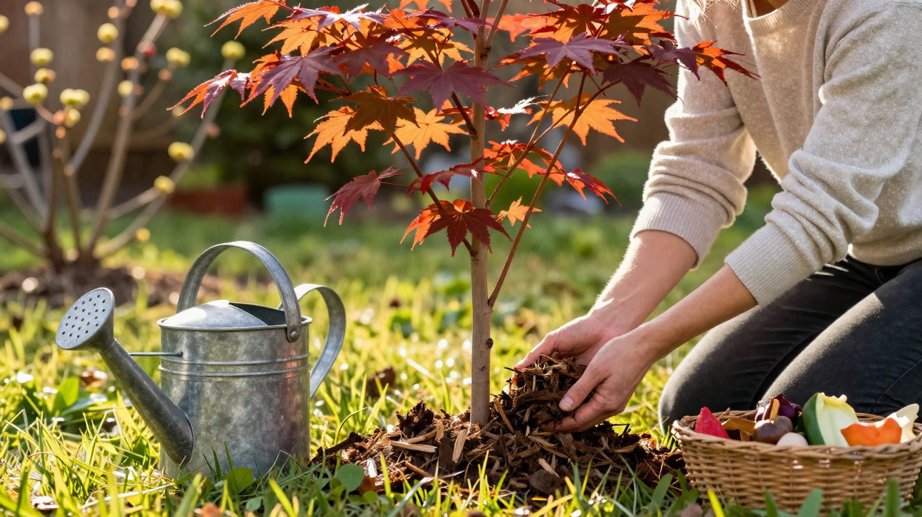 Pessoa a colocar cobertura vegetal à volta de uma árvore jovem com folhas vermelhas num jardim.