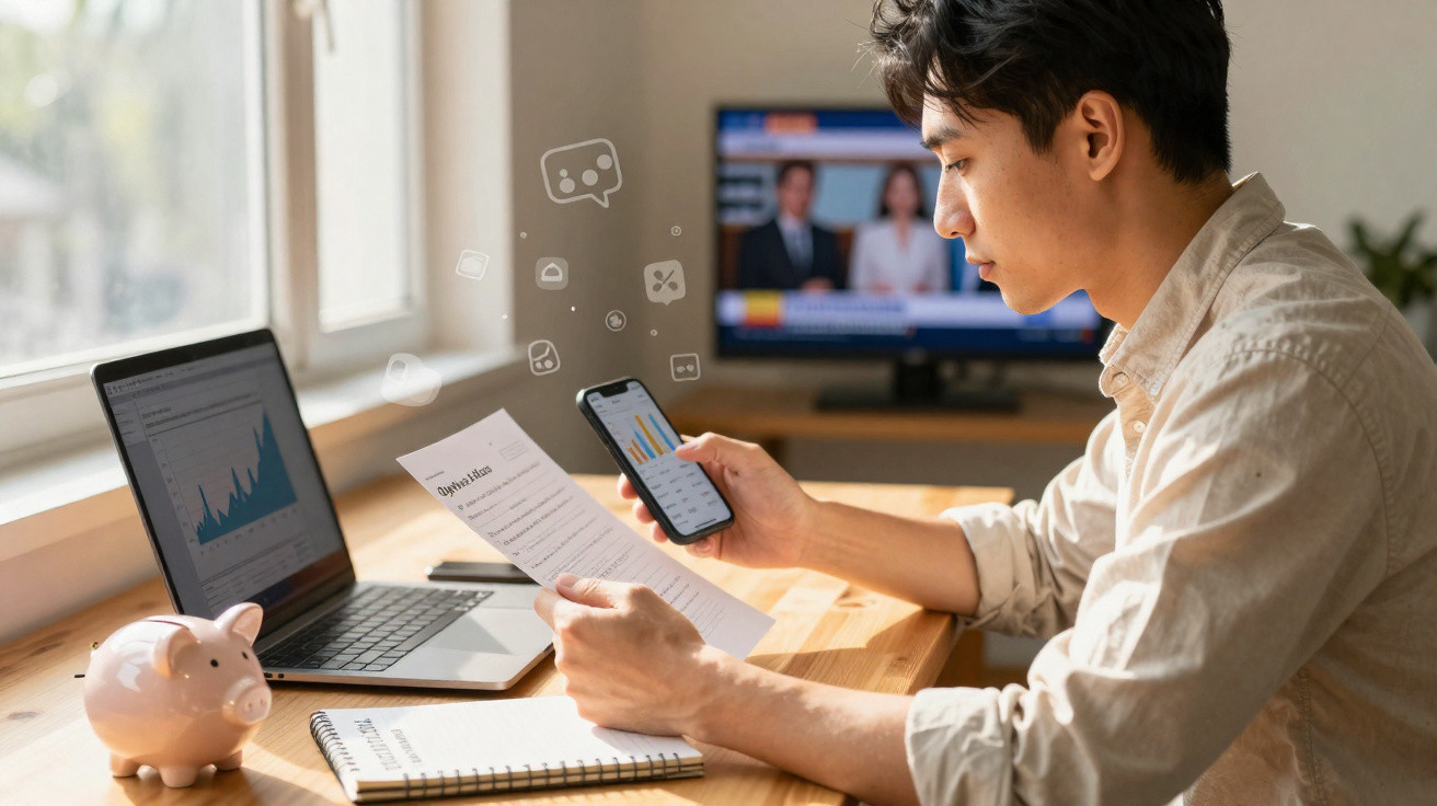 Homem a analisar gráficos financeiros no telemóvel e em papel, com portátil e mealheiro numa mesa.