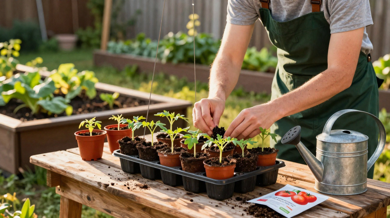 Pessoa a transplantar mudas de tomate para vasos num jardim com regador e sementeiras ao redor.