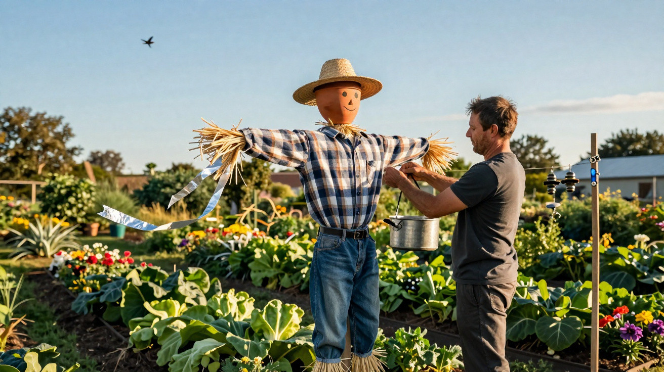 Homem rega um espantalho num campo com diversas plantas e flores ao pôr do sol.