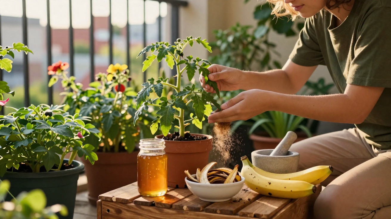 Pessoa a polvilhar açúcar em plantas e frutas numa varanda com várias flores e plantas em vasos.