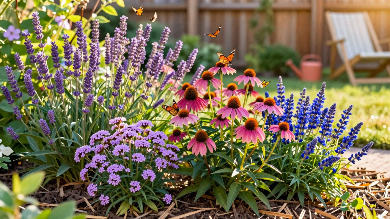 Jardim com flores roxas e cor-de-rosa, borboletas laranja a sobrevoar, com cerca e cadeira de jardim ao fundo.