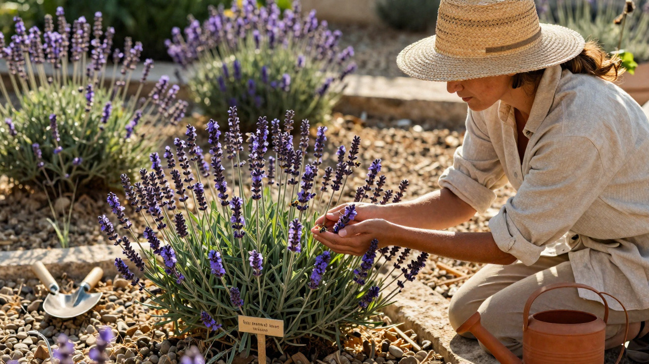 Mulher com chapéu de palha cuida de planta de lavanda num jardim com pedrinhas ao sol.