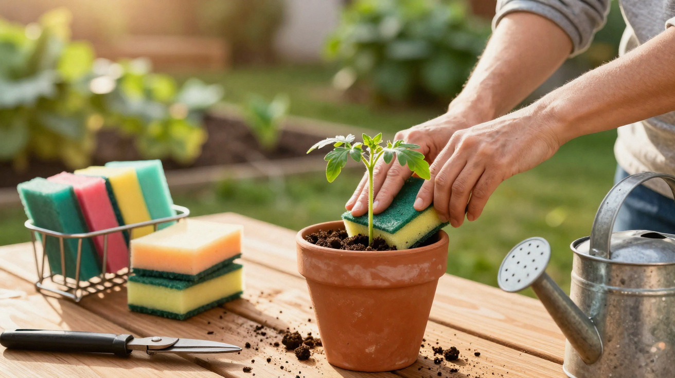 Pessoa a limpar planta num vaso de barro usando uma esponja verde, com regador e tesoura por perto.