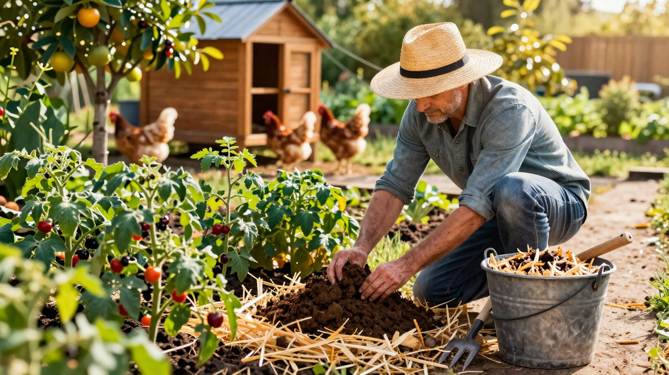 Homem com chapéu a cuidar do solo na horta, com plantas, galinhas e galinheiro ao fundo.
