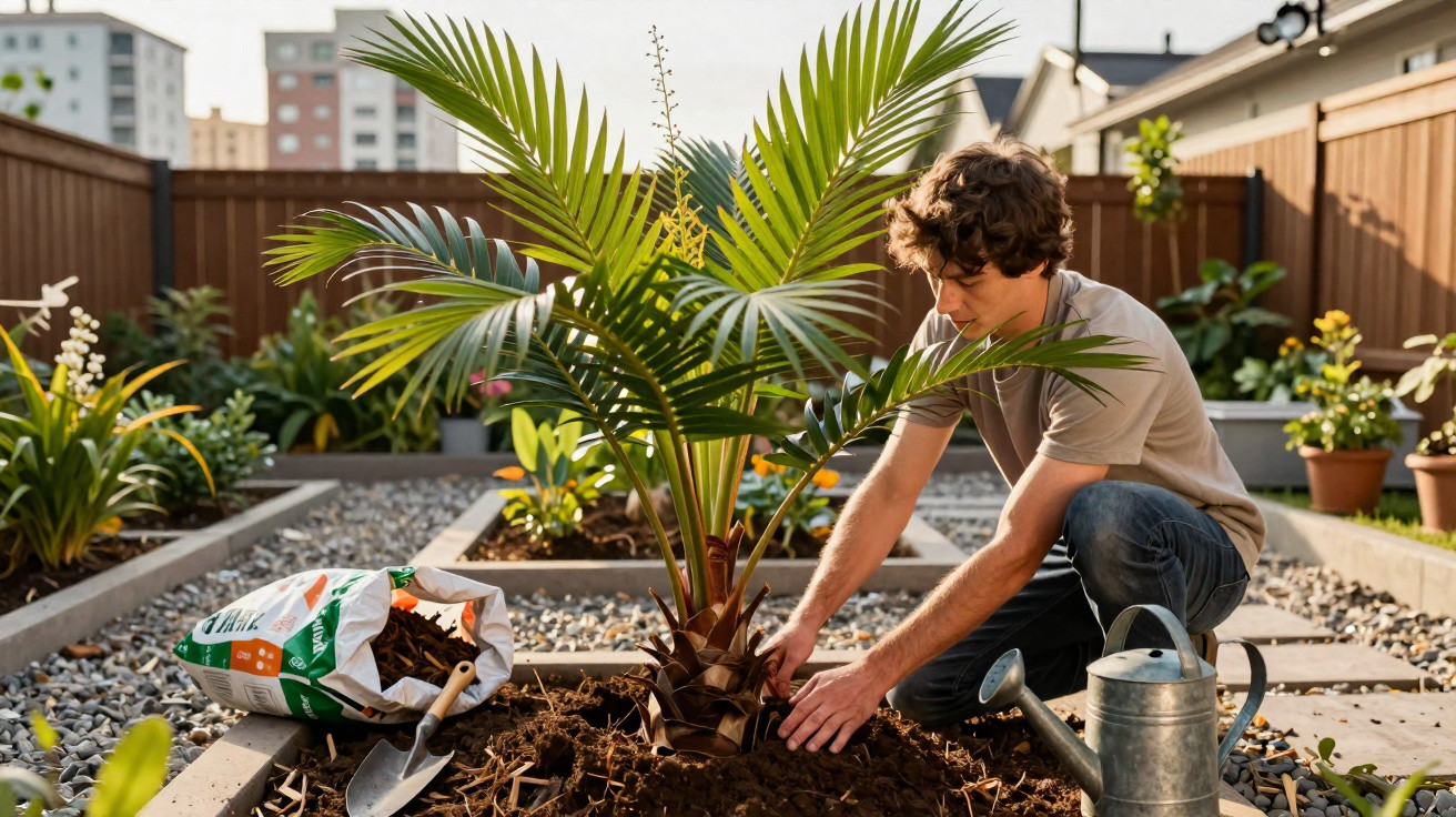 Jovem a plantar uma palmeira num jardim com regador, pá e saco de terra à volta.