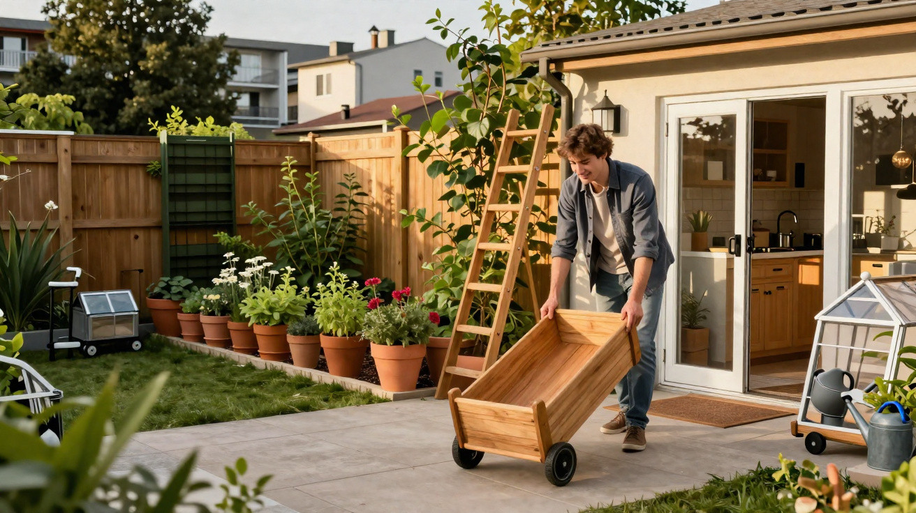 Homem jovem a manobrar carrinho de madeira num jardim com muitas plantas em vasos e casa moderna ao fundo.