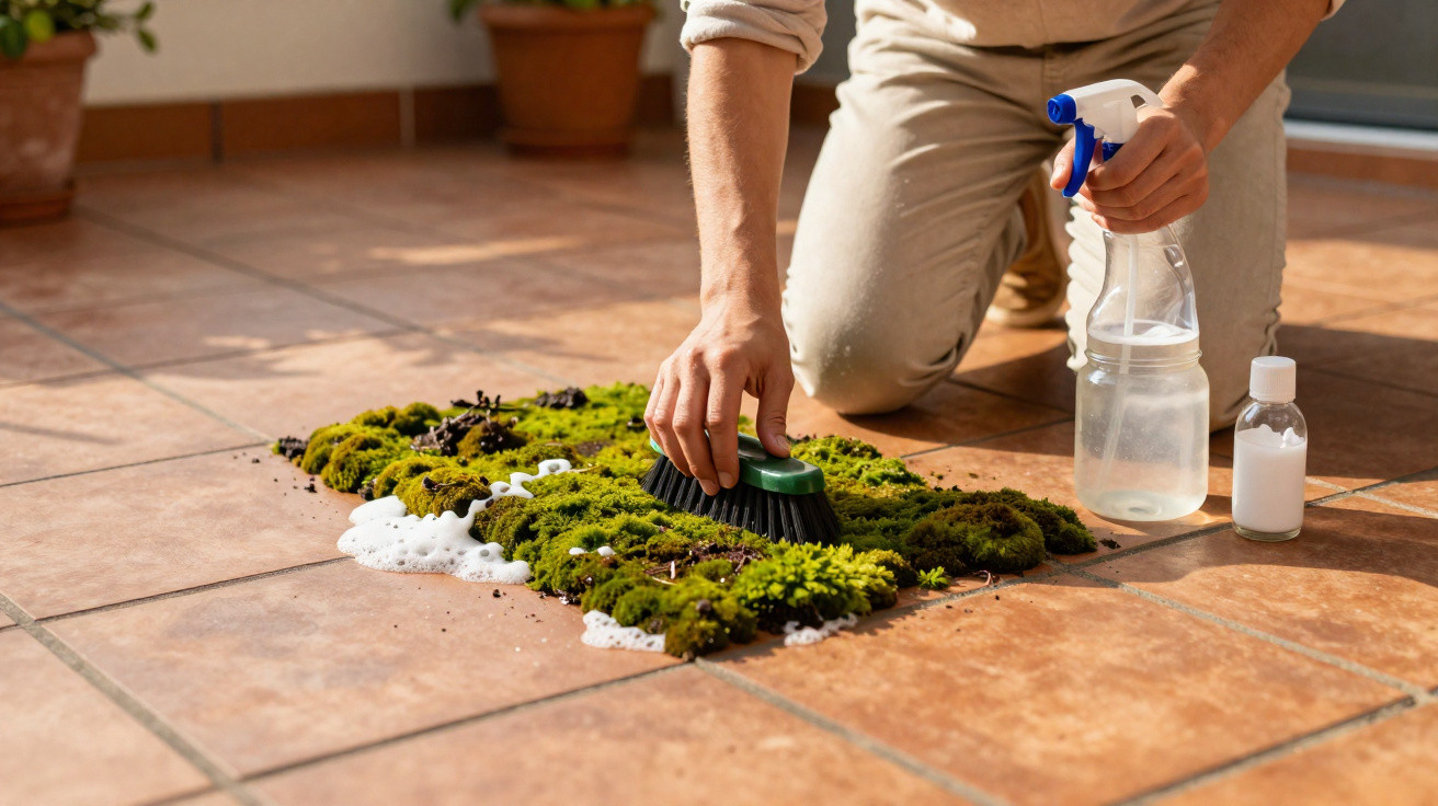 Pessoa limpa musgo do chão de azulejos com escova, frasco de spray e garrafa pequena ao lado.