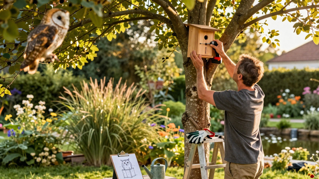 Homem a instalar uma caixa-ninho para aves numa árvore num jardim florescente ao entardecer.