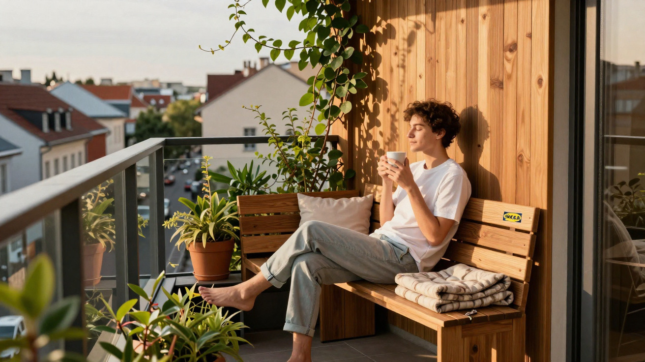 Jovem relaxa bebendo numa varanda ensolarada, rodeado de plantas e mobiliário de madeira.