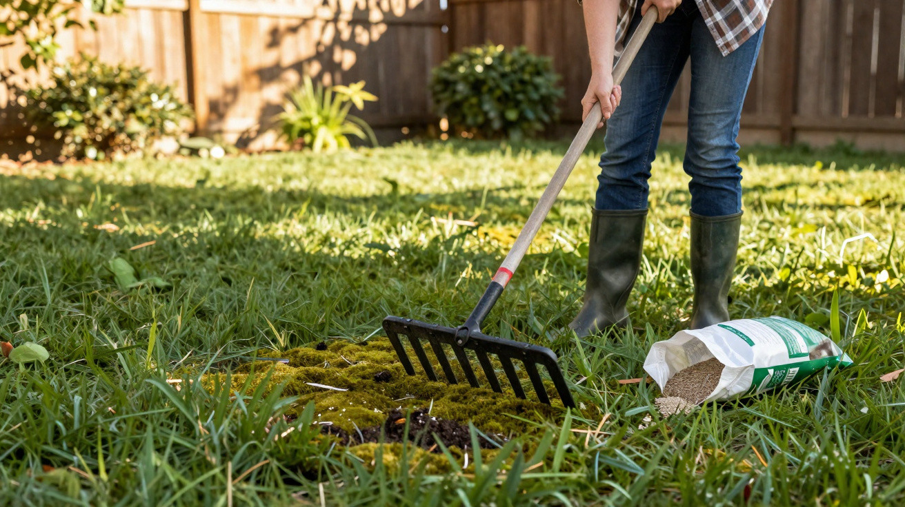 Pessoa a usar ancinho para remover musgo num relvado, com saco de fertilizante ao lado, num jardim.