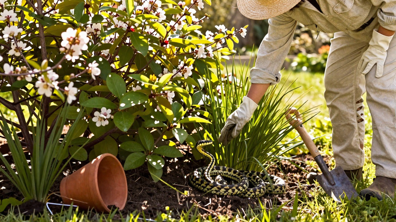 Pessoa com luvas a tentar apanhar cobra em jardim com flores e plantas, ao lado de vaso caído e enxada.