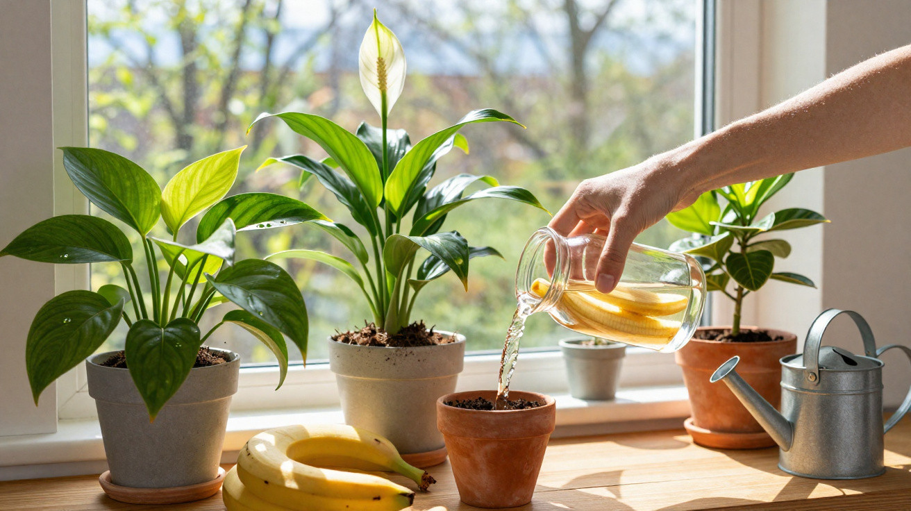 Mão a regar planta em vaso pequeno junto a plantas maiores, bananas e regador numa janela iluminada pelo sol.