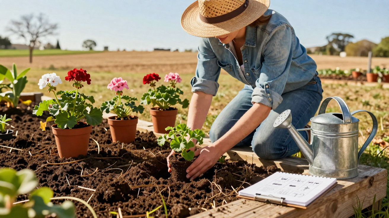 Mulher com chapéu a plantar flores em canteiro, com regador e caderno ao lado, ao ar livre.