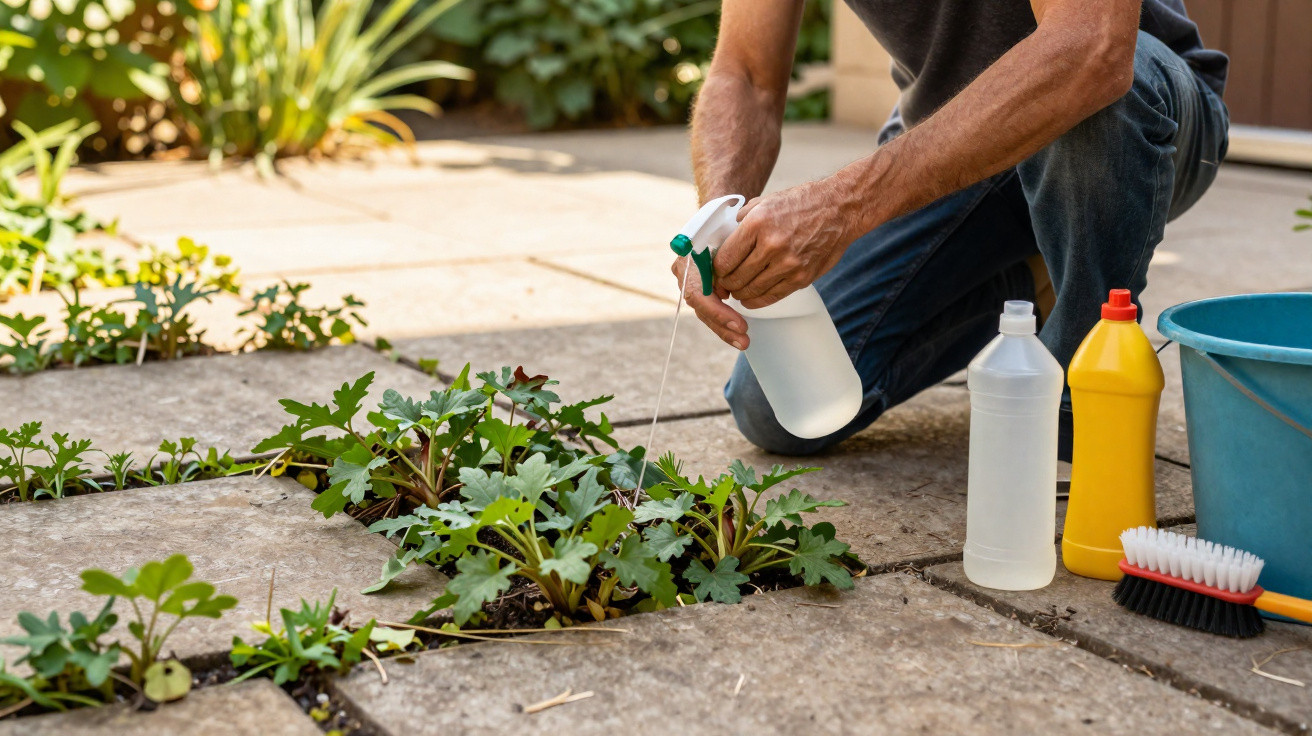 Pessoa a pulverizar plantas com pulverizador, junto a produtos de jardinagem e escova, no chão de pedra.