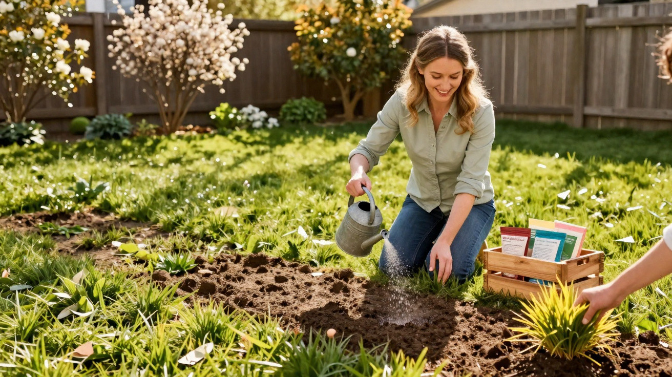 Mulher regando plantas num jardim, com caixa de sementes ao lado, em dia soalheiro.