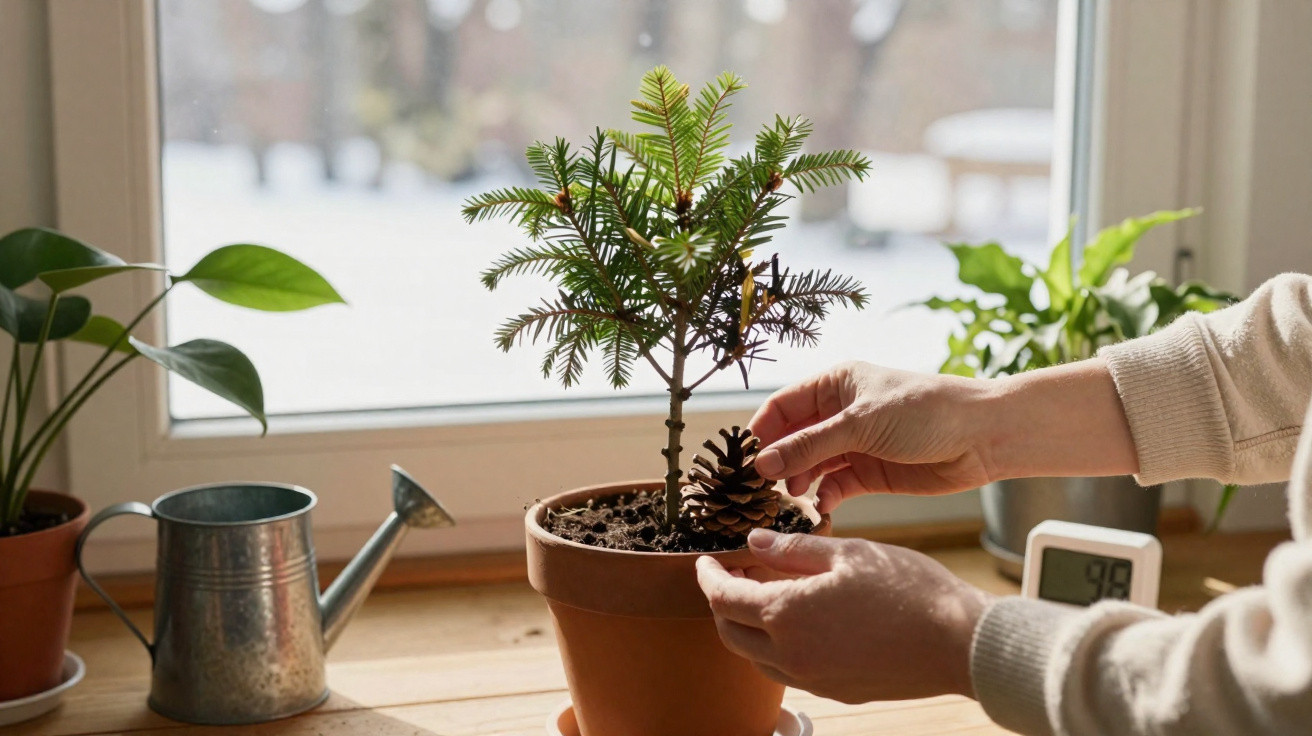 Mãos decoram uma pequena árvore de Natal em vaso junto a janela com regador e outras plantas ao redor.