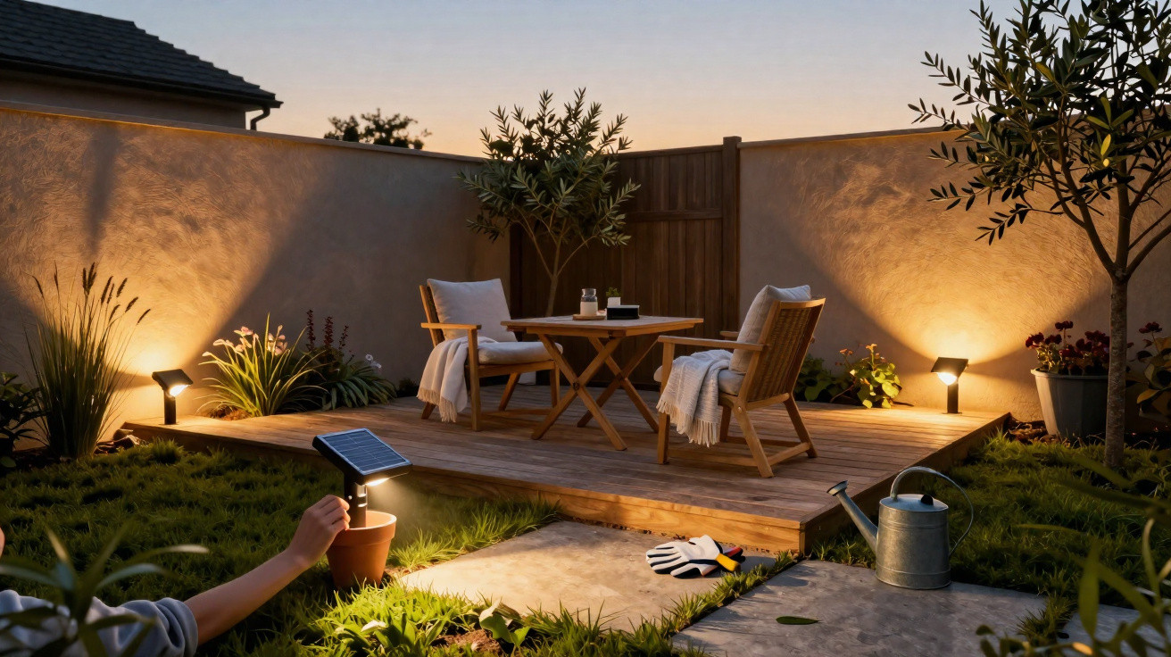 Pátio exterior com deck de madeira, duas cadeiras, mesa, iluminação ambiente solar e ferramentas de jardinagem ao anoitecer.