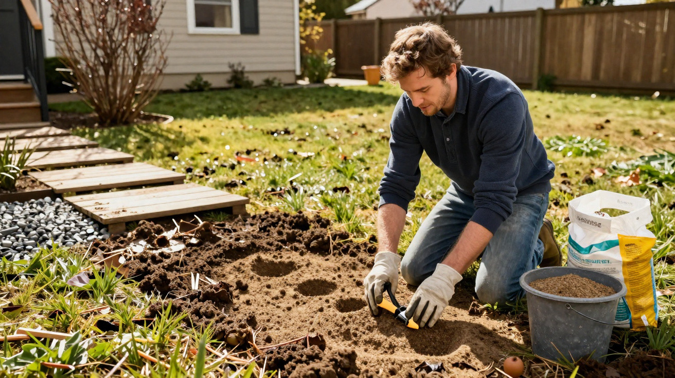Homem a preparar o solo com luvas para plantar no jardim exterior de uma casa.