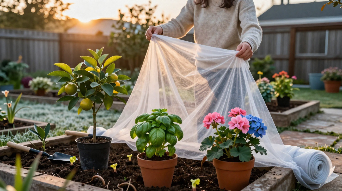 Pessoa a cobrir com tecido protetor plantas e flores em canteiro de jardim ao pôr do sol.