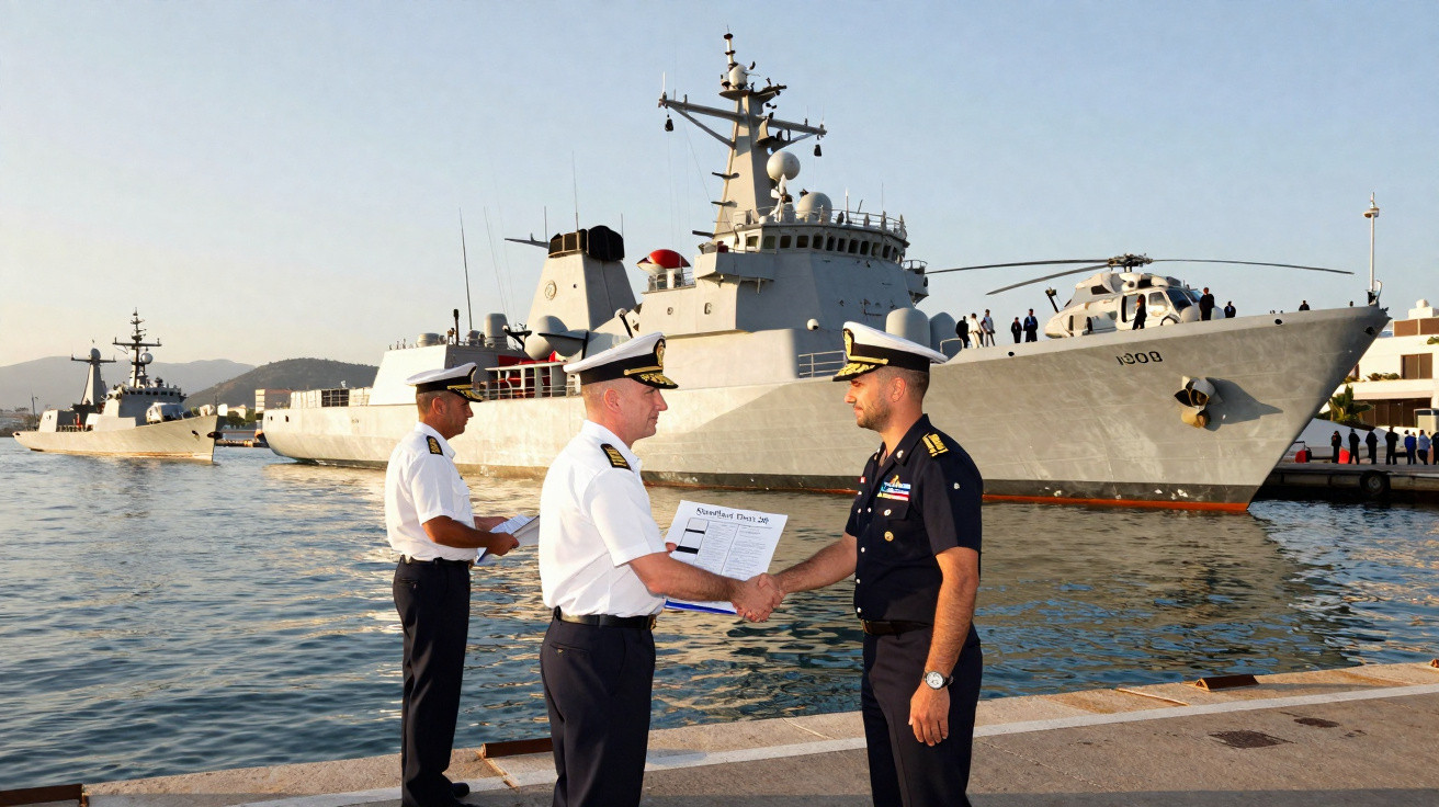 Dois oficiais da marinha apertam as mãos num cais perto de um navio de guerra com uma bandeira da Turquia.