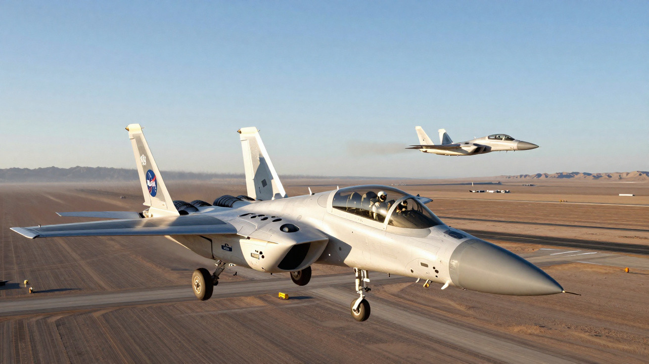 Aviões de combate a jato a voar baixo sobre pista num deserto durante o dia.