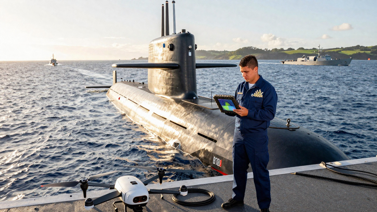 Militar em uniforme azul a operar drone perto de submarino na superfície do mar ao pôr do sol.
