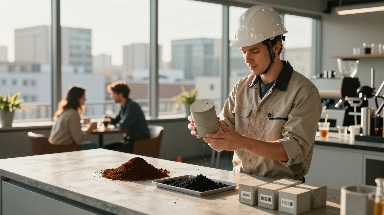 Engenheiro em capacete analisa amostra de cimento num laboratório moderno com vista urbana.