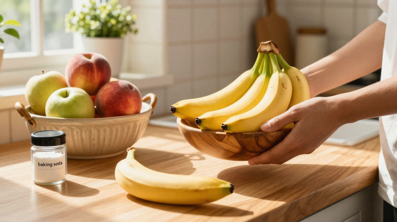 Pessoa a colocar um cacho de bananas numa tigela de madeira numa cozinha com maçãs e bicarbonato de sódio.