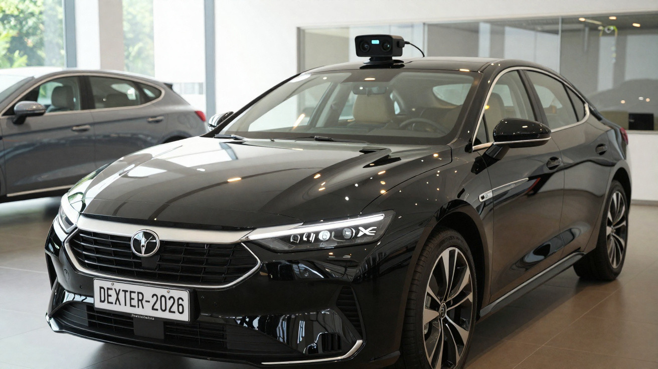 Carro sedan preto Dexer 2026 em exposição numa sala moderna com vidros grandes.